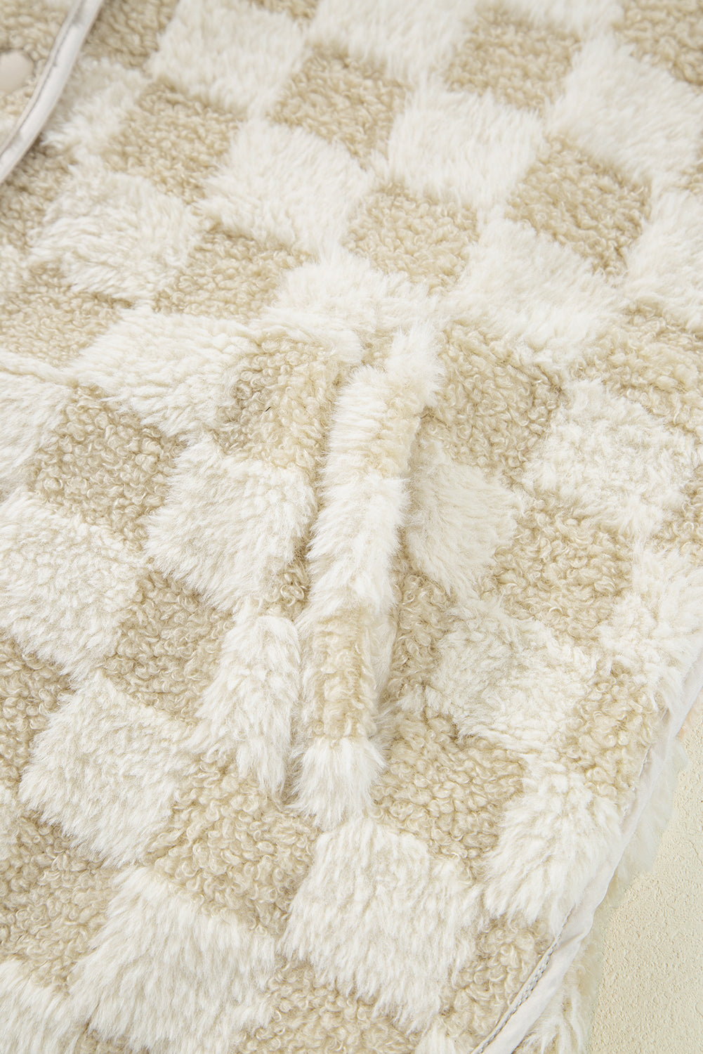 Khaki Sherpa Checkerboard Snap Button Vest Jacket