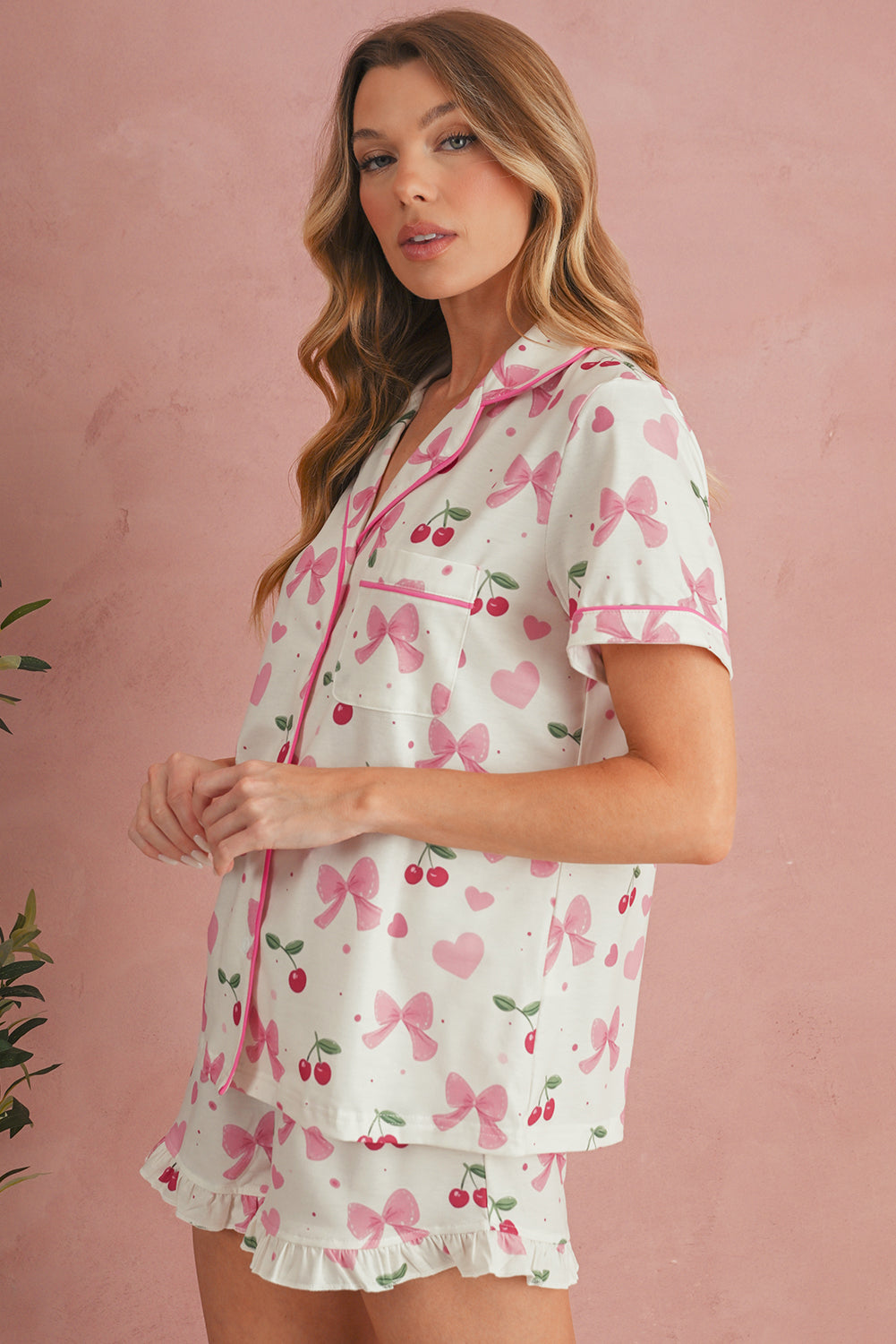 Beige Bow and Cherry Print Ruffle Hem Shorts Pajama Set