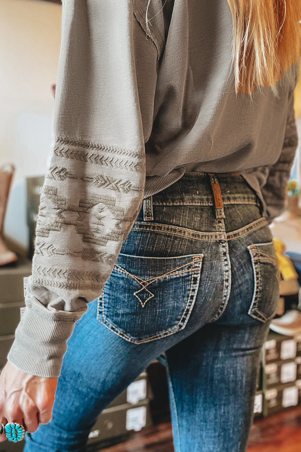 Parchment Geometric Embroidered V Neck Sweatshirt