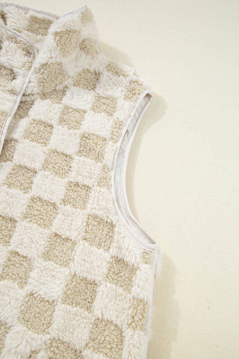 Khaki Sherpa Checkerboard Snap Button Vest Jacket