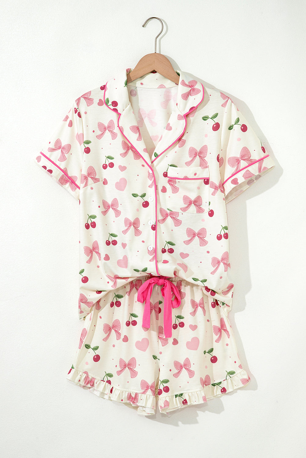 Beige Bow and Cherry Print Ruffle Hem Shorts Pajama Set