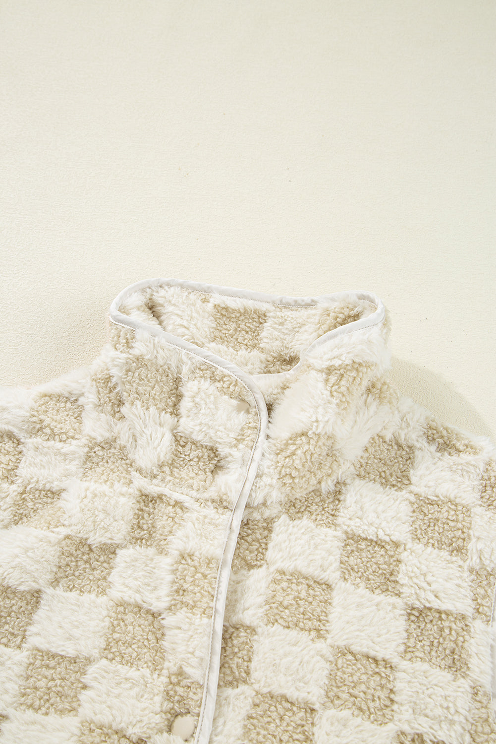 Khaki Sherpa Checkerboard Snap Button Vest Jacket