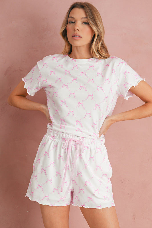 Pink Bowknot Print Lettuce Trim Two Piece Pajama Set