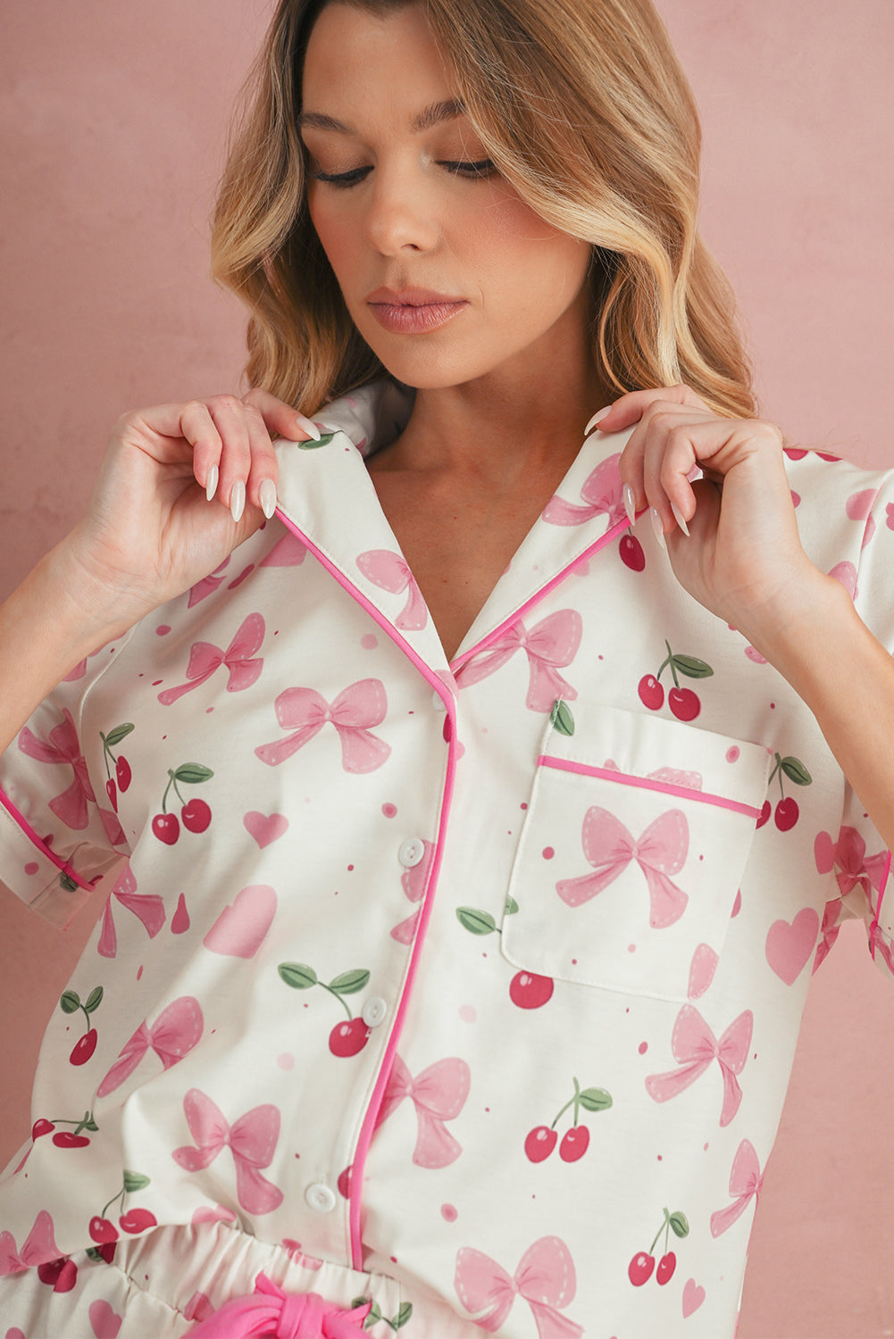 Beige Bow and Cherry Print Ruffle Hem Shorts Pajama Set