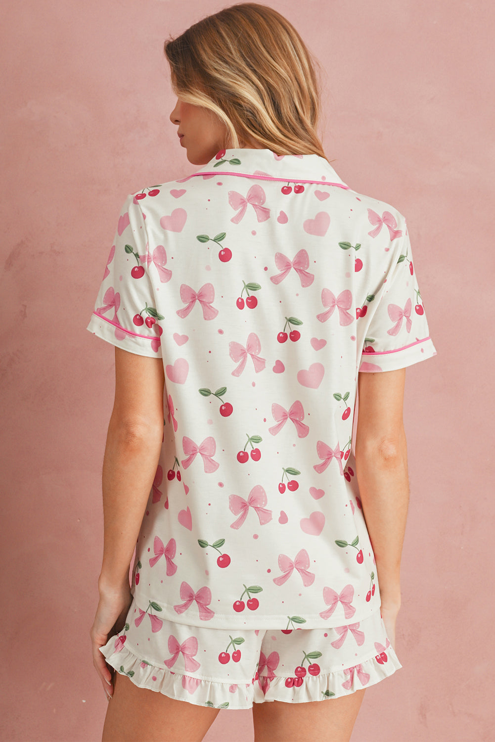 Beige Bow and Cherry Print Ruffle Hem Shorts Pajama Set