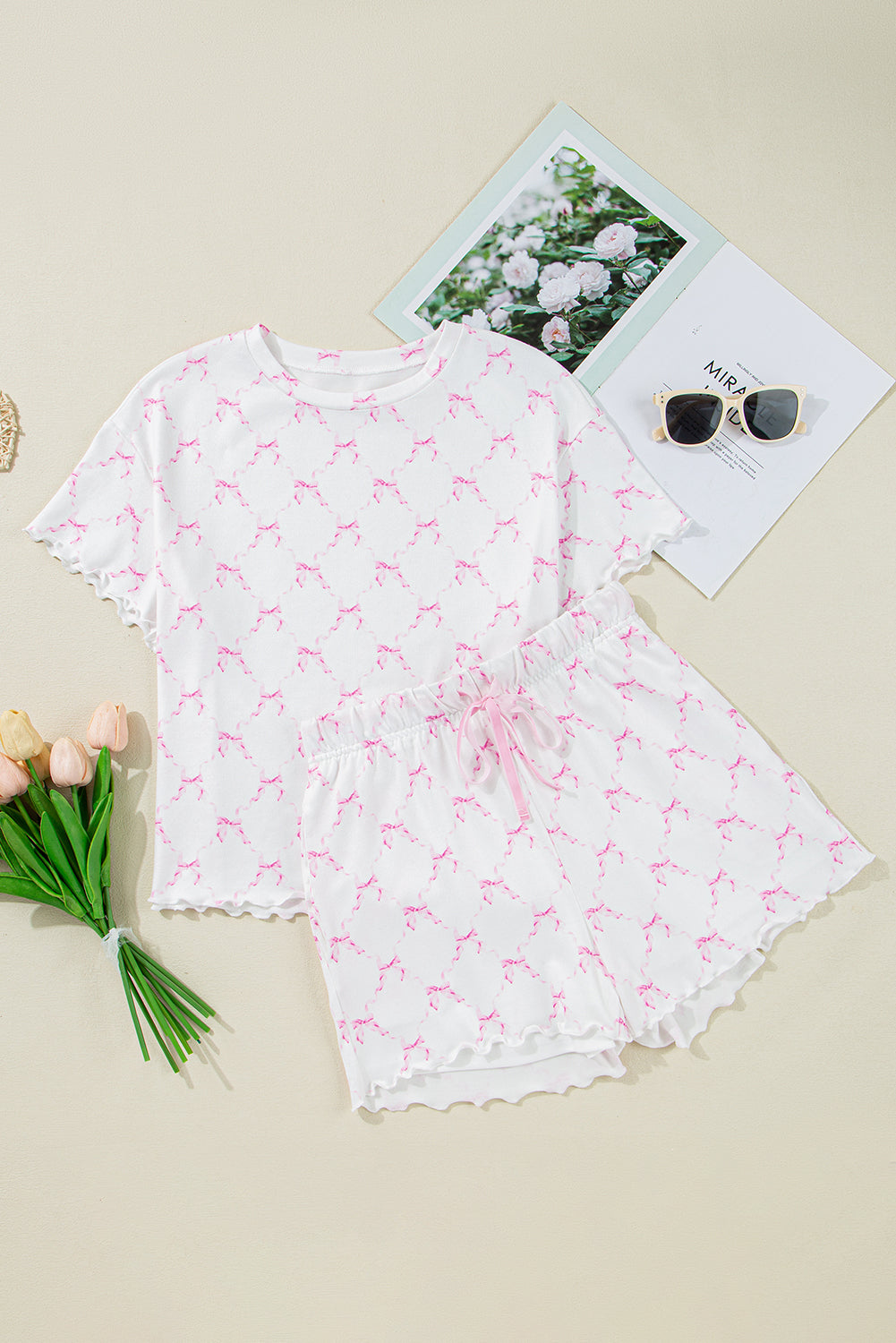 Pink Bowknot Print Lettuce Trim Two Piece Pajama Set