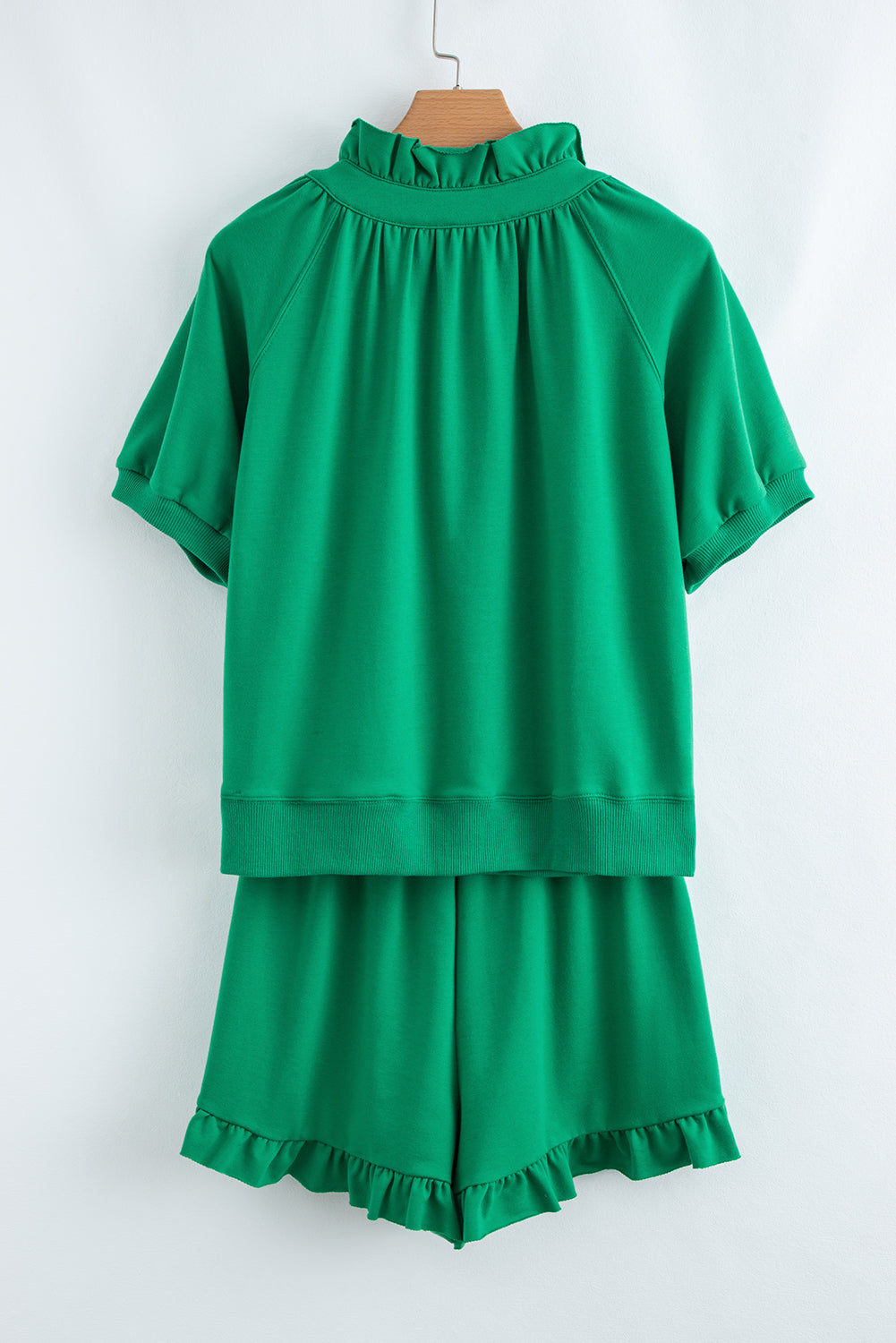 Sea Green Half Zip Puff Sleeve Top and Ruffle Shorts Set