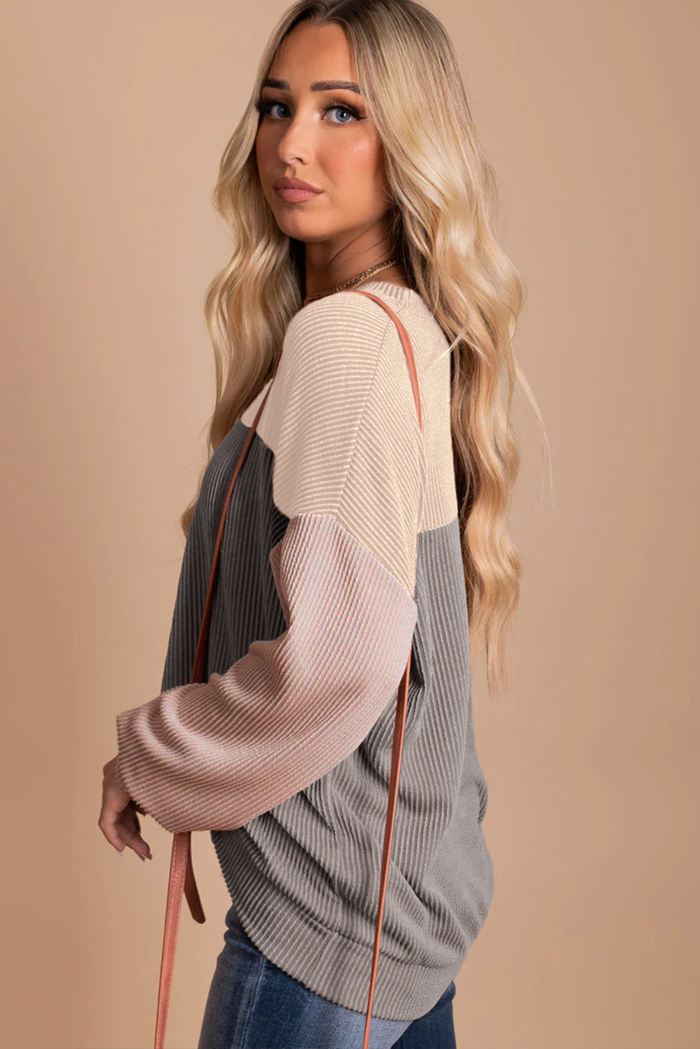 Multicolor Colorblock Ribbed Loose Long Sleeve Top