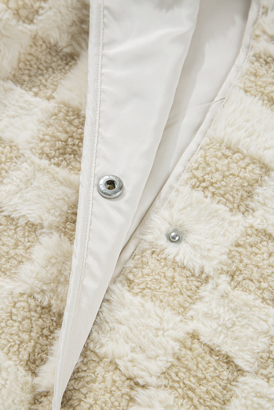 Khaki Sherpa Checkerboard Snap Button Vest Jacket